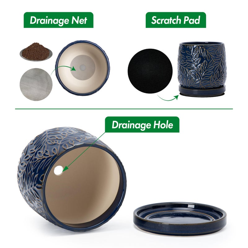 D'vine Dev 6 Inch Embossed Leaves Stoneware Planter Pot with Drainage Hole and Saucer, Midnight Blue, Set of 2, 27-F-X-3 - Image 4
